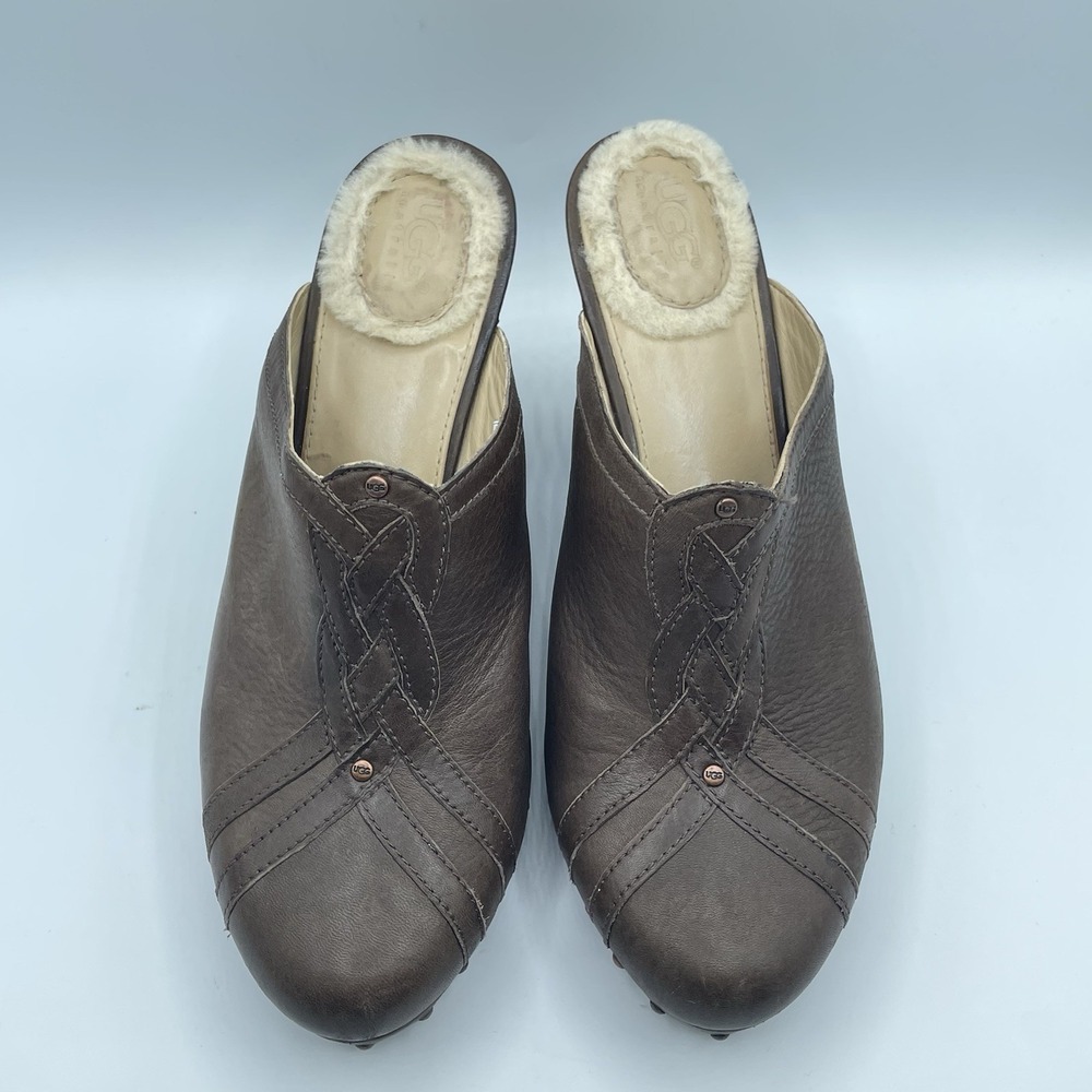 Ugg Abigail Sheepskin Leather Studded‎ Wedge Mule Clogs Shoes 1716 Brown Size 10